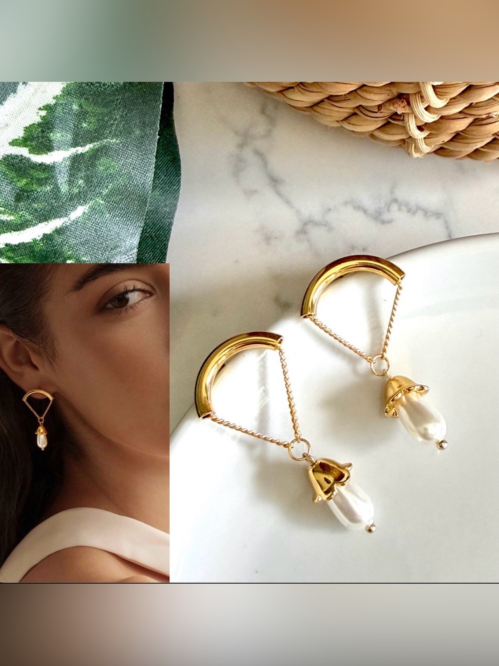 2/$30🌵 Arch Gold Tone Chain Faux Pearl Drop Earrings Minimalist Lightweight NEW